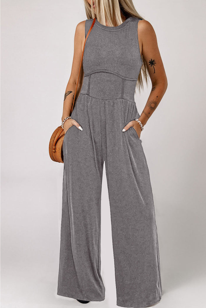 Blackish Green Cinched Waist Sleeveless Wide Leg Jumpsuit - MEDIUM GREY / S / 93% VISCOSE + 7% ELASTANE