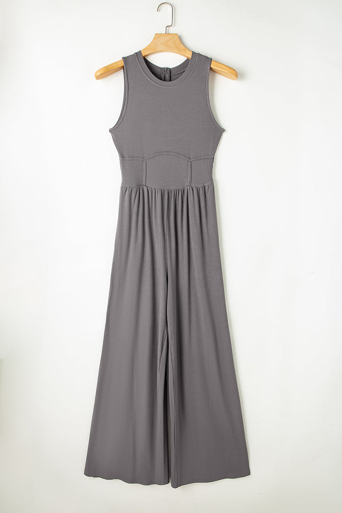 Blackish Green Cinched Waist Sleeveless Wide Leg Jumpsuit - Bottoms/Jumpsuits & Rompers