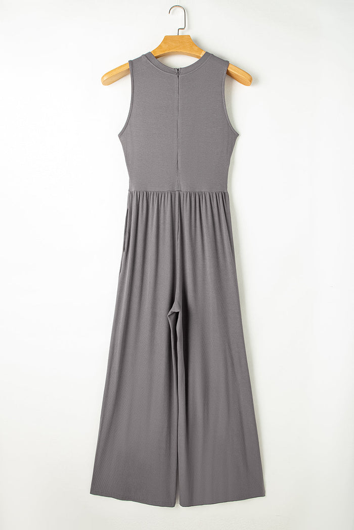 Blackish Green Cinched Waist Sleeveless Wide Leg Jumpsuit - Bottoms/Jumpsuits & Rompers