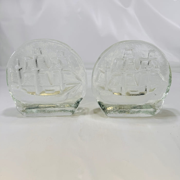 Blenko Glass Sailing Ship Bookends Clear Glass 1970s  Blenko Glass Company Mid-Century Design