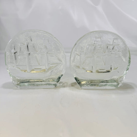 Blenko Glass Sailing Ship Bookends Clear Glass 1970s  Blenko Glass Company Mid-Century Design
