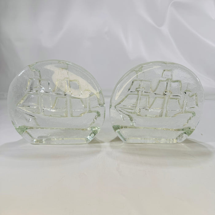 Blenko Glass Sailing Ship Bookends Clear Glass 1970s  Blenko Glass Company Mid-Century Design