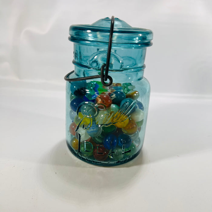 Blue Ideal Pint Mason Jar with Wire Slide Glass Lid filled with Colorful Marbles Vintage Decor