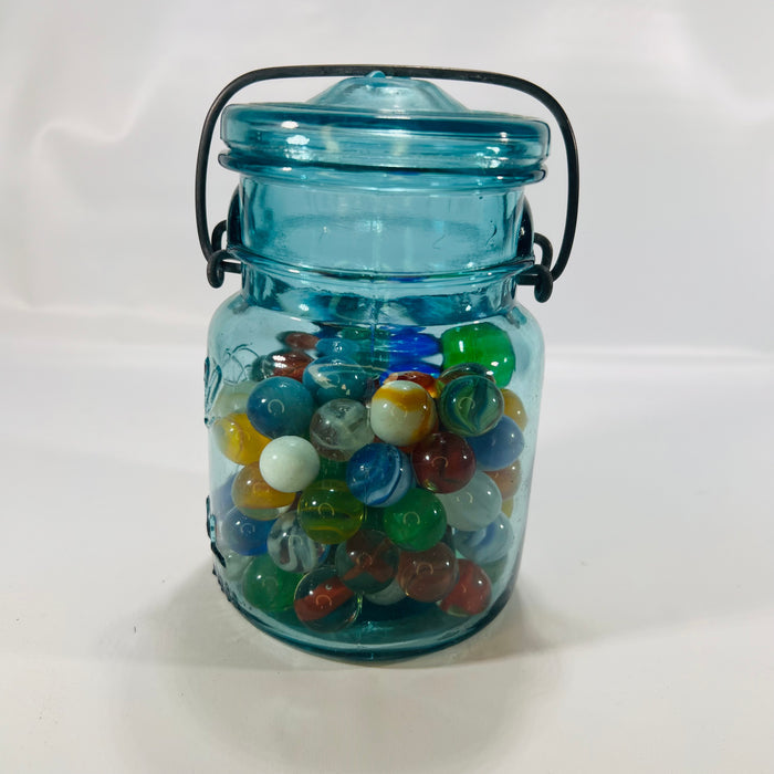 Blue Ideal Pint Mason Jar with Wire Slide Glass Lid filled with Colorful Marbles Vintage Decor