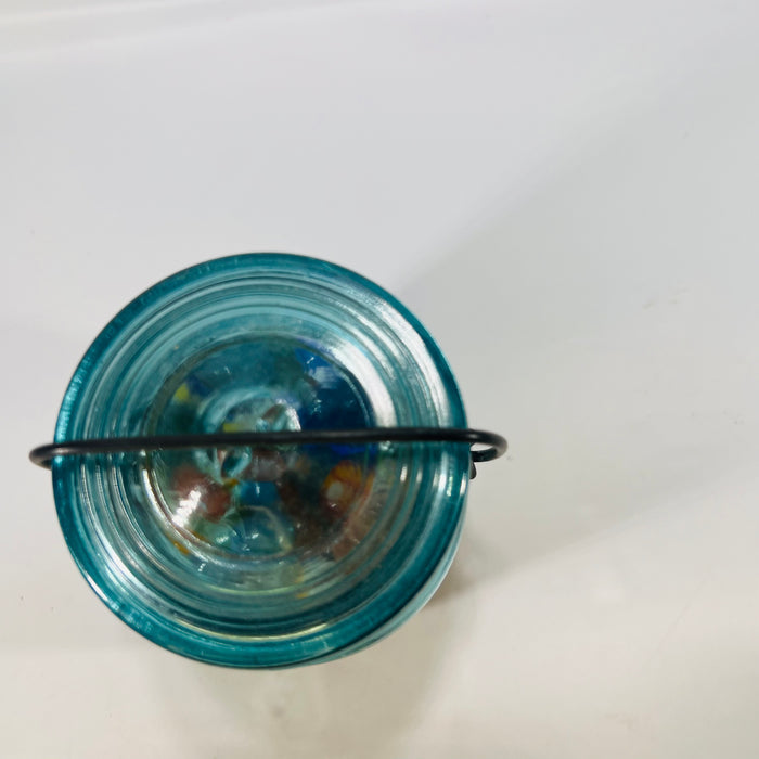 Blue Ideal Pint Mason Jar with Wire Slide Glass Lid filled with Colorful Marbles Vintage Decor