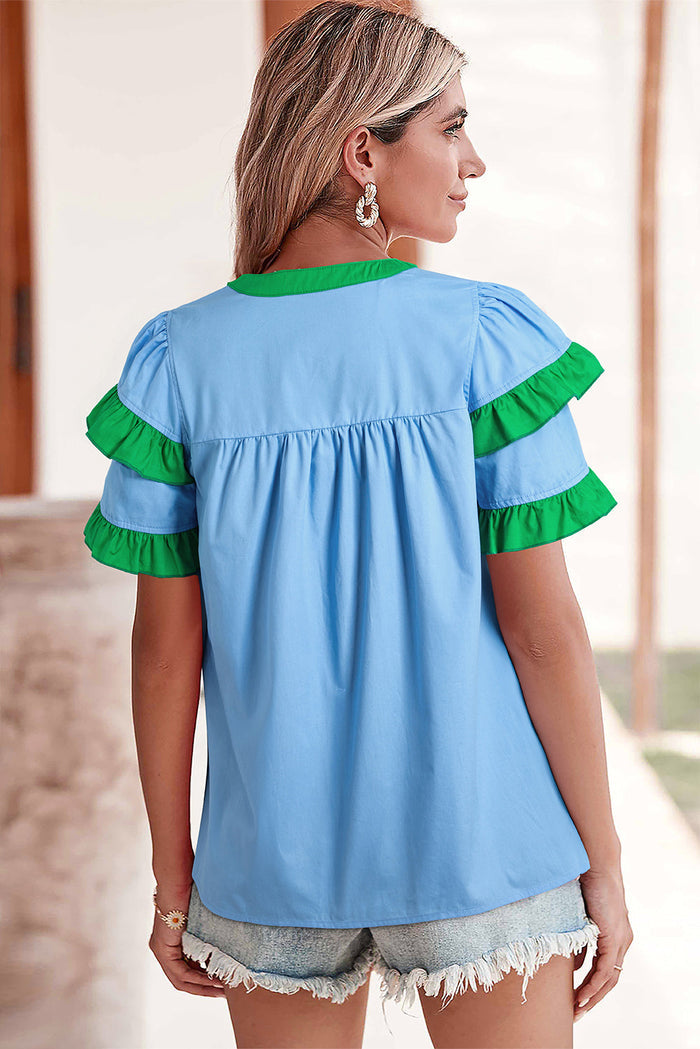 Blue Contrast Notched Neck Frill Detail Short Sleeve Blouse - Tops/Blouses & Shirts