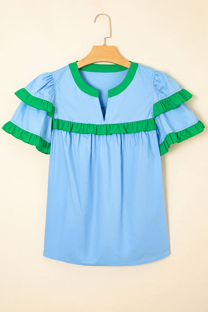Blue Contrast Notched Neck Frill Detail Short Sleeve Blouse - Tops/Blouses & Shirts