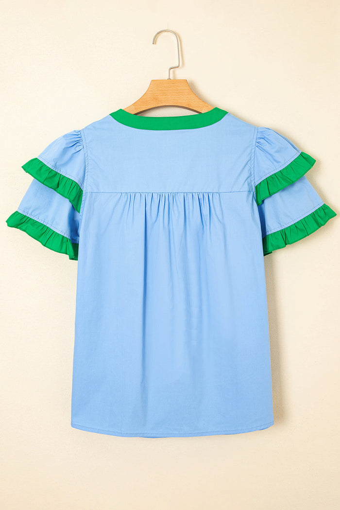 Blue Contrast Notched Neck Frill Detail Short Sleeve Blouse - Tops/Blouses & Shirts