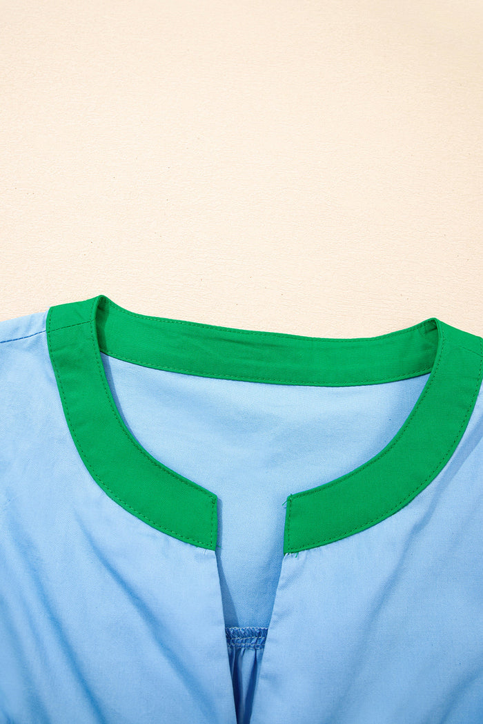 Blue Contrast Notched Neck Frill Detail Short Sleeve Blouse - Tops/Blouses & Shirts