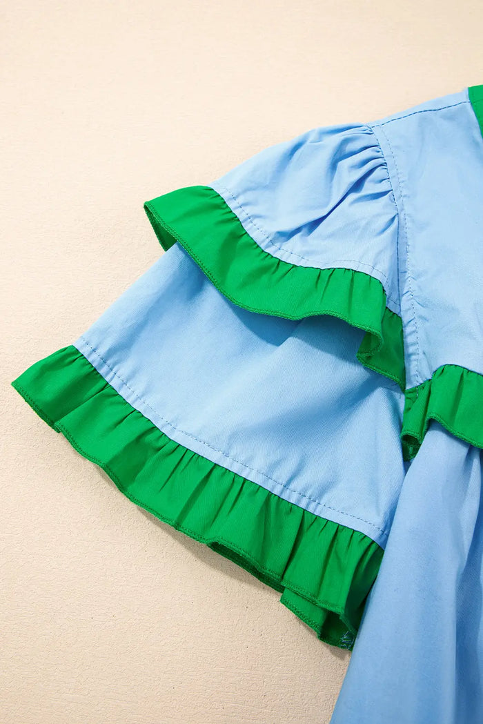 Blue Contrast Notched Neck Frill Detail Short Sleeve Blouse - Tops/Blouses & Shirts