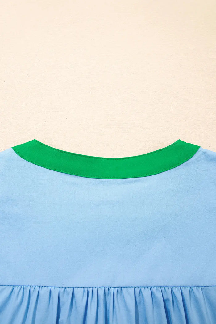 Blue Contrast Notched Neck Frill Detail Short Sleeve Blouse - Tops/Blouses & Shirts