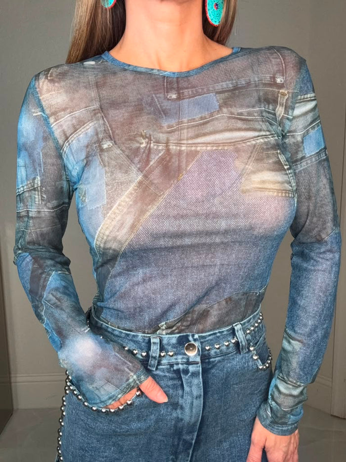 Blue Denim Print Mesh Long Sleeve Top - Born To Glam
