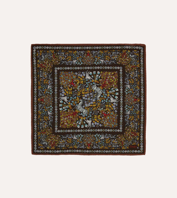 Blue Floral Unicorn Print Wool-Silk Pocket Square