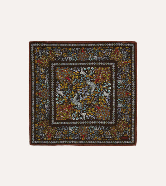 Blue Floral Unicorn Print Wool-Silk Pocket Square