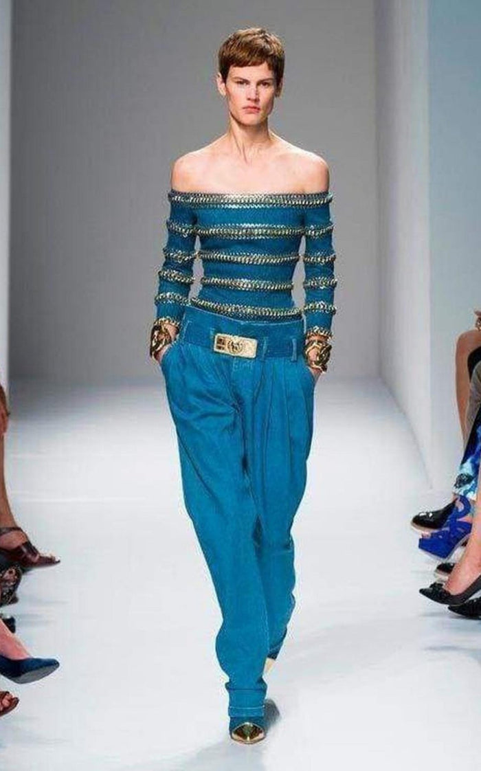 Balmain Blue Denim High Waist Pants - Runway Catalog