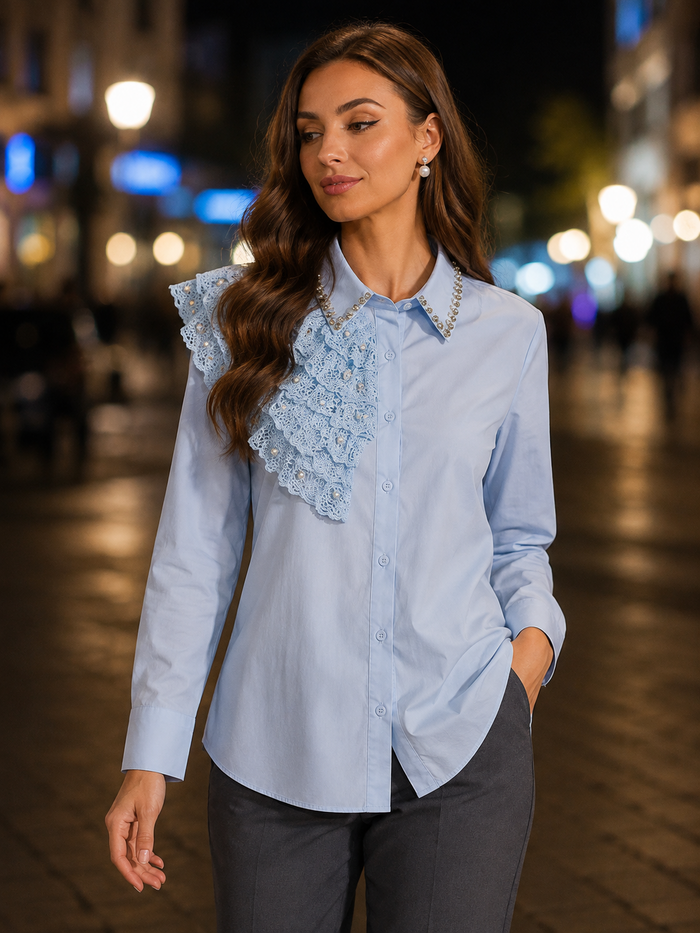 Blue Lace Embellished Long Sleeve Top - Born To Glam