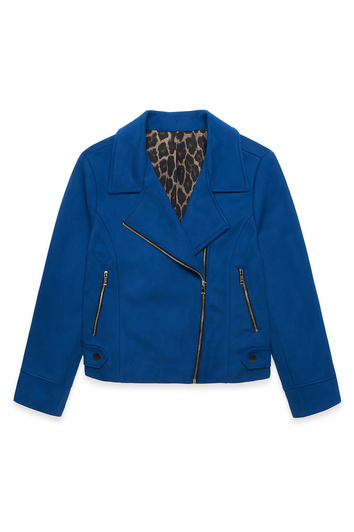Blue suede-look moto jacket with an asymmetrical front zipper, bold lapels, zippered pockets, and leopard print lining.