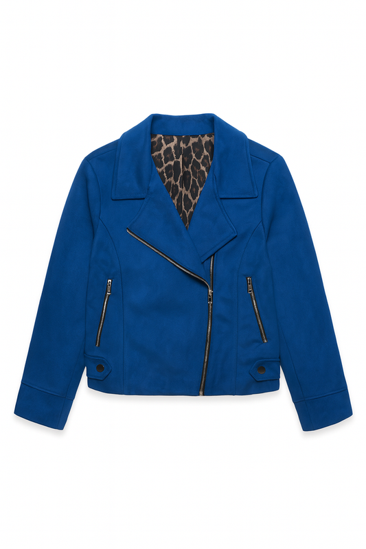 Blue suede-look moto jacket with an asymmetrical front zipper, bold lapels, zippered pockets, and leopard print lining.