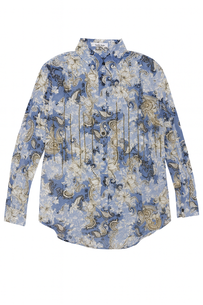 Blue long sleeve button-front top with a collared neckline and mixed paisley floral print in soft blue and neutral tones.