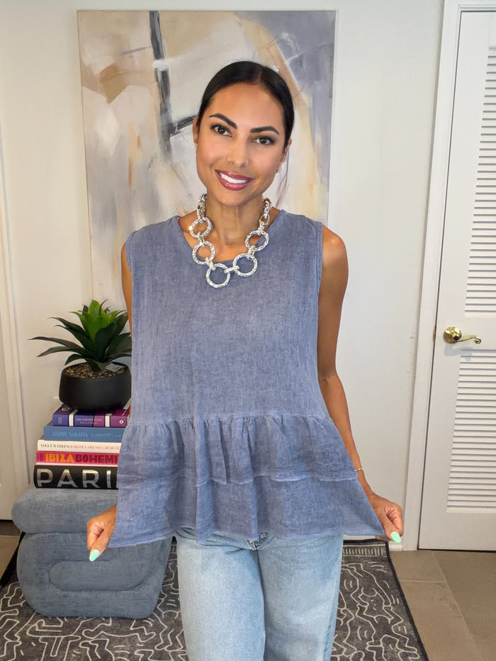 Blue Ruffle Peplum Sleeveless Top - Born To Glam