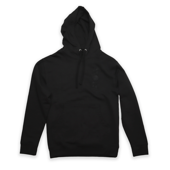 Black hoodie with a front pocket and drawstring, perfect for casual wear and comfort.