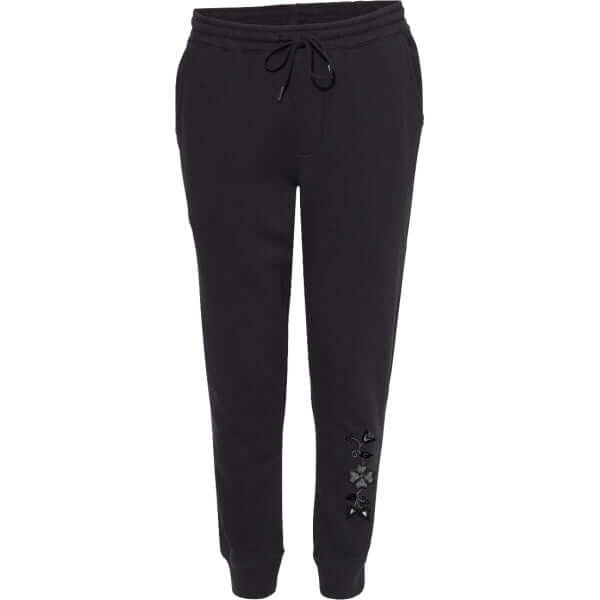 Black joggers with flower embellishments, offering stylish comfort for everyday wear.