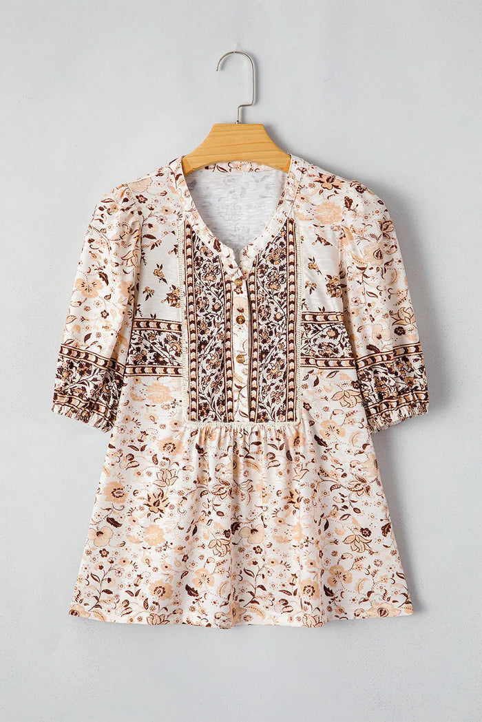 Boho Floral Print Half Placket Short Sleeve Loose Blouse - Tops/Blouses & Shirts