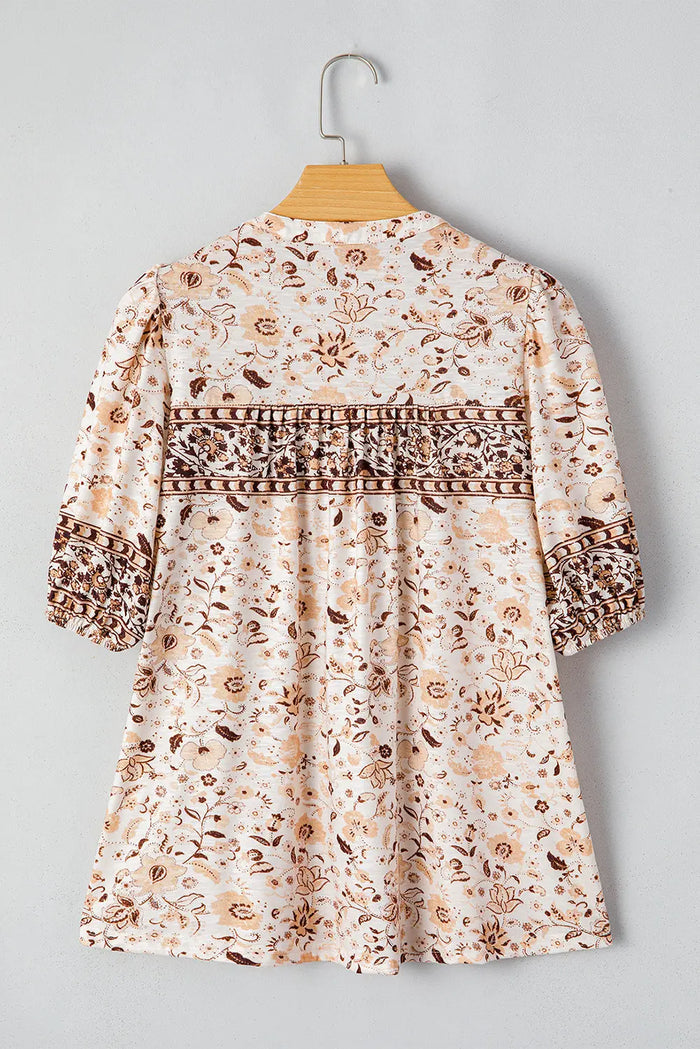 Boho Floral Print Half Placket Short Sleeve Loose Blouse - Tops/Blouses & Shirts
