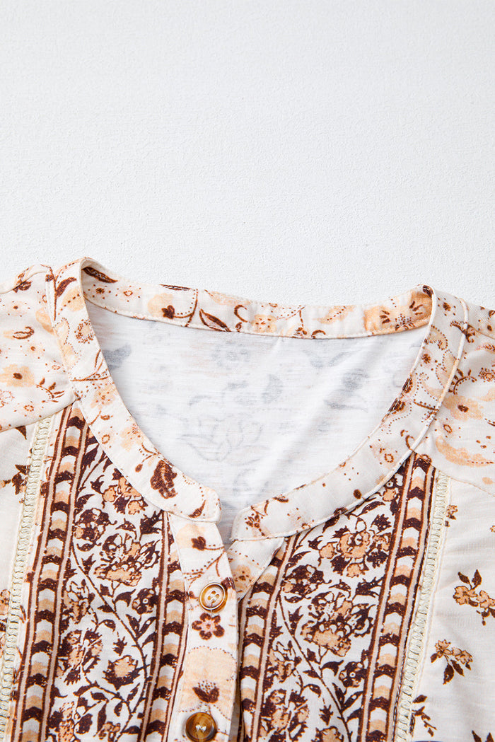 Boho Floral Print Half Placket Short Sleeve Loose Blouse - Tops/Blouses & Shirts