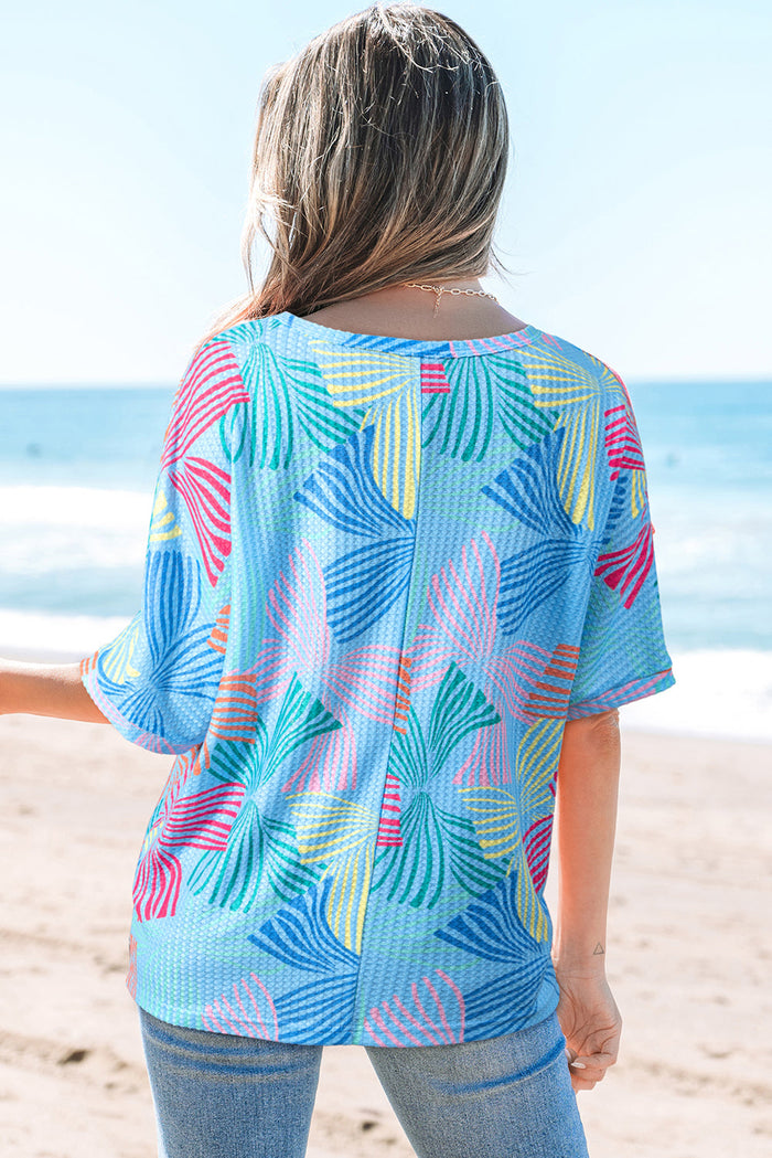 Bowknot Print Waffle Crewneck Loose Short Sleeve Top - Tops/Tops & Tees