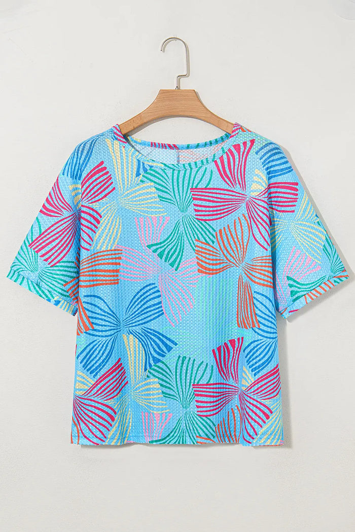 Bowknot Print Waffle Crewneck Loose Short Sleeve Top - Tops/Tops & Tees