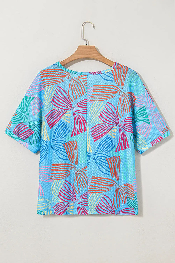 Bowknot Print Waffle Crewneck Loose Short Sleeve Top - Tops/Tops & Tees