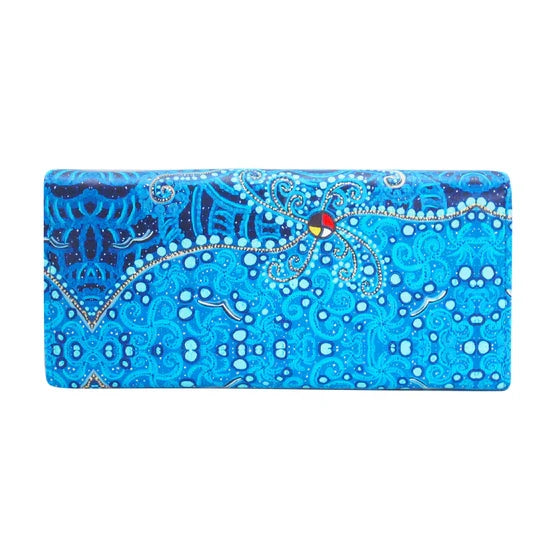 Blue patterned clutch bag on a white background