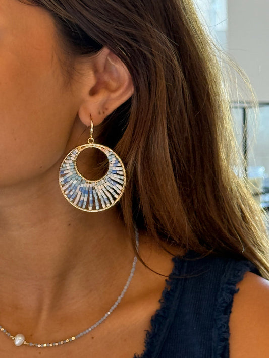 blue and white beaded hoop earrings