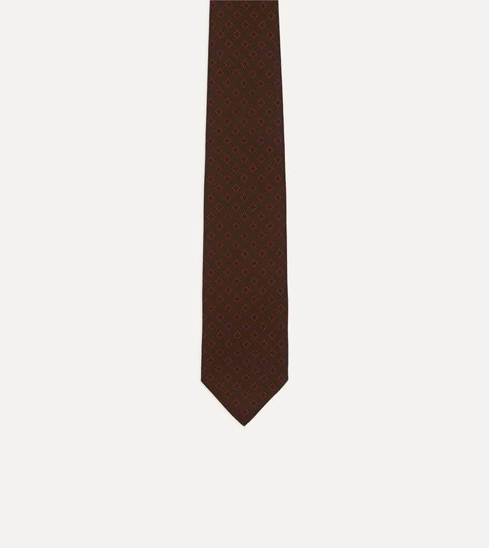 Brown Flower Tile Print Silk Self Tipped Tie