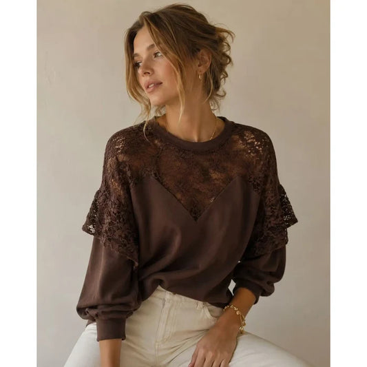 Brown Lace Embellished Sweatshirt - Born To Glam