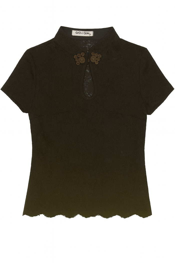 Brown short sleeve lace top with a floral overlay, decorative neckline buttons, keyhole detail, and scalloped hem.