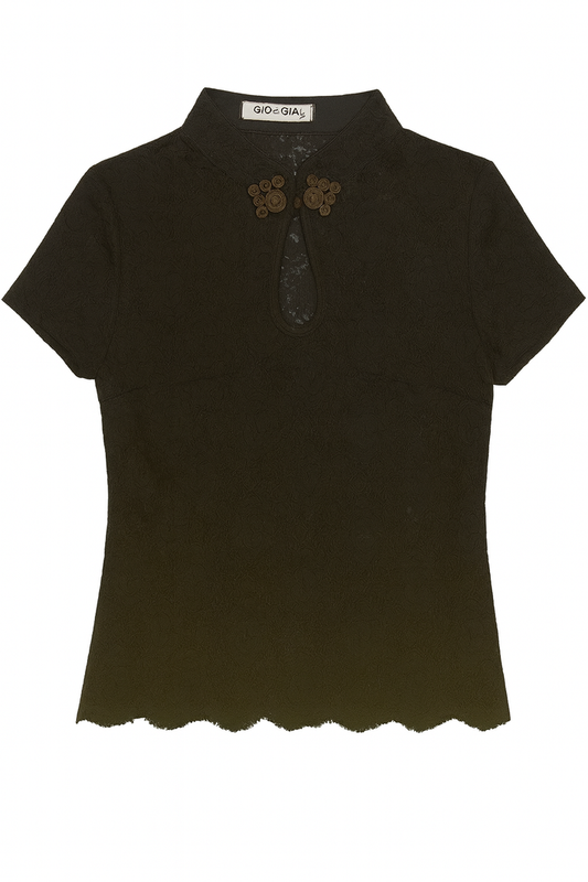 Brown short sleeve lace top with a floral overlay, decorative neckline buttons, keyhole detail, and scalloped hem.