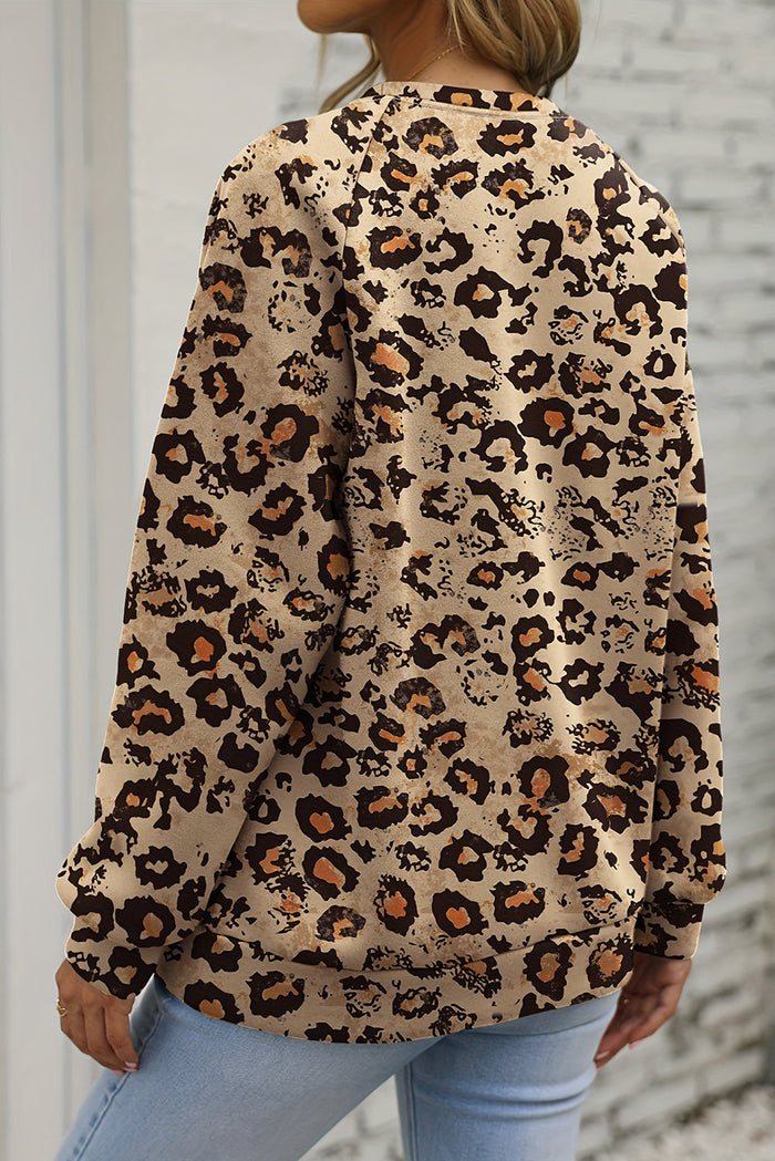 Brown Leopard Bleached Raglan Sleeve Pullover Sweatshirt - Tops/Sweatshirts & Hoodies