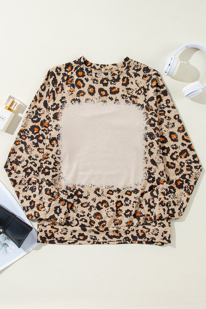 Brown Leopard Bleached Raglan Sleeve Pullover Sweatshirt - Tops/Sweatshirts & Hoodies