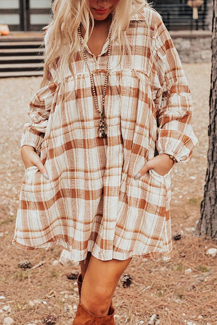 Brown Plaid Print Side Pockets Frilled Babydoll Mini Dress - BROWN / S / 100% COTTON - Dresses/Mini Dresses