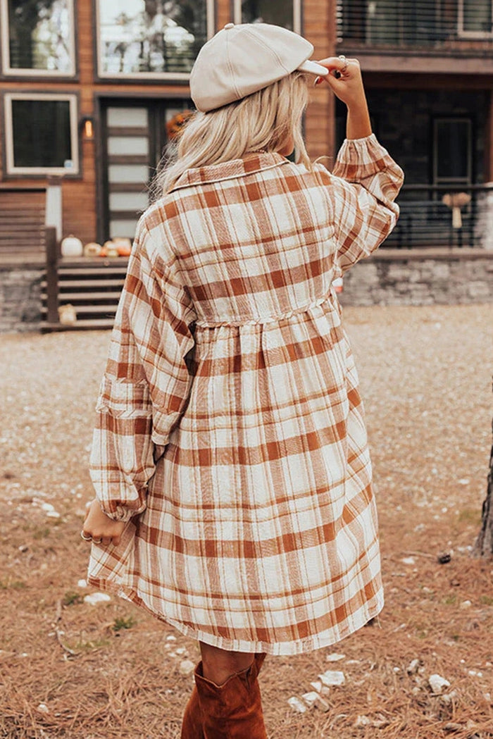 Brown Plaid Print Side Pockets Frilled Babydoll Mini Dress - Dresses/Mini Dresses