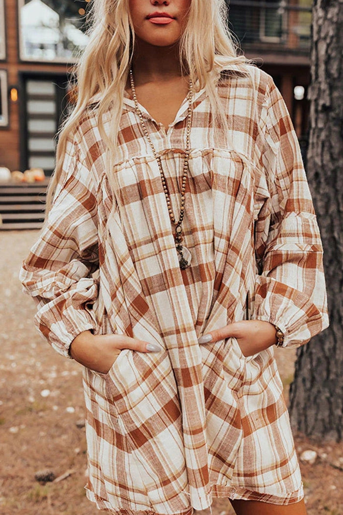 Brown Plaid Print Side Pockets Frilled Babydoll Mini Dress - Dresses/Mini Dresses