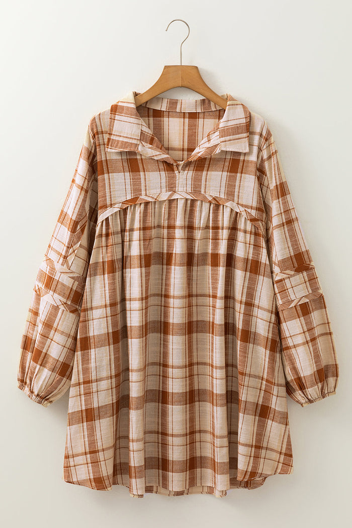 Brown Plaid Print Side Pockets Frilled Babydoll Mini Dress - Dresses/Mini Dresses