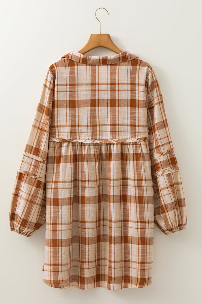 Brown Plaid Print Side Pockets Frilled Babydoll Mini Dress - Dresses/Mini Dresses