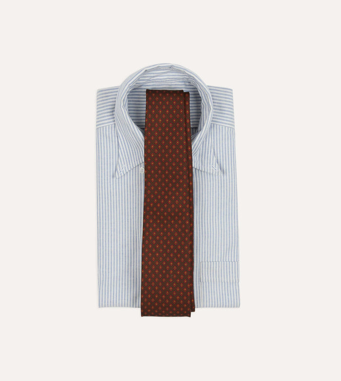 Brown Square Flower Print Silk Self-Tipped Tie