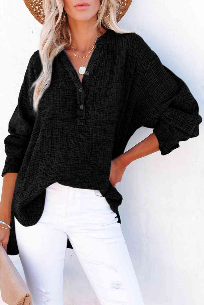 Buttoned Long Sleeve Blouse - Madikfashions.com