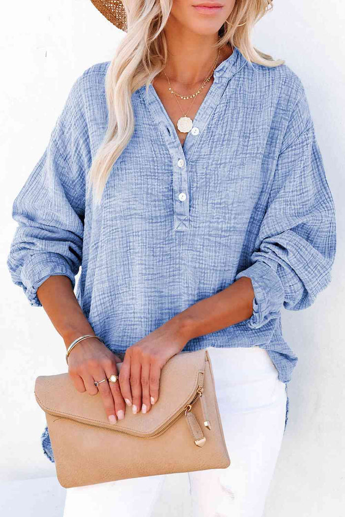 Buttoned Long Sleeve Blouse - Madikfashions.com