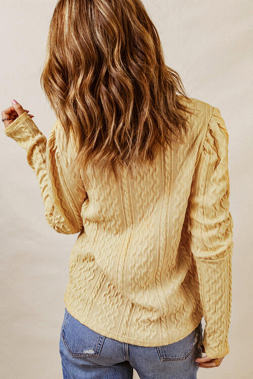 Cable-Knit Round Neck Long Sleeve Blouse - Madikfashions.com
