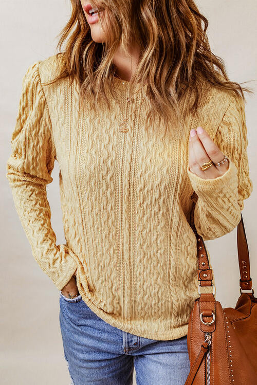 Cable-Knit Round Neck Long Sleeve Blouse - Madikfashions.com